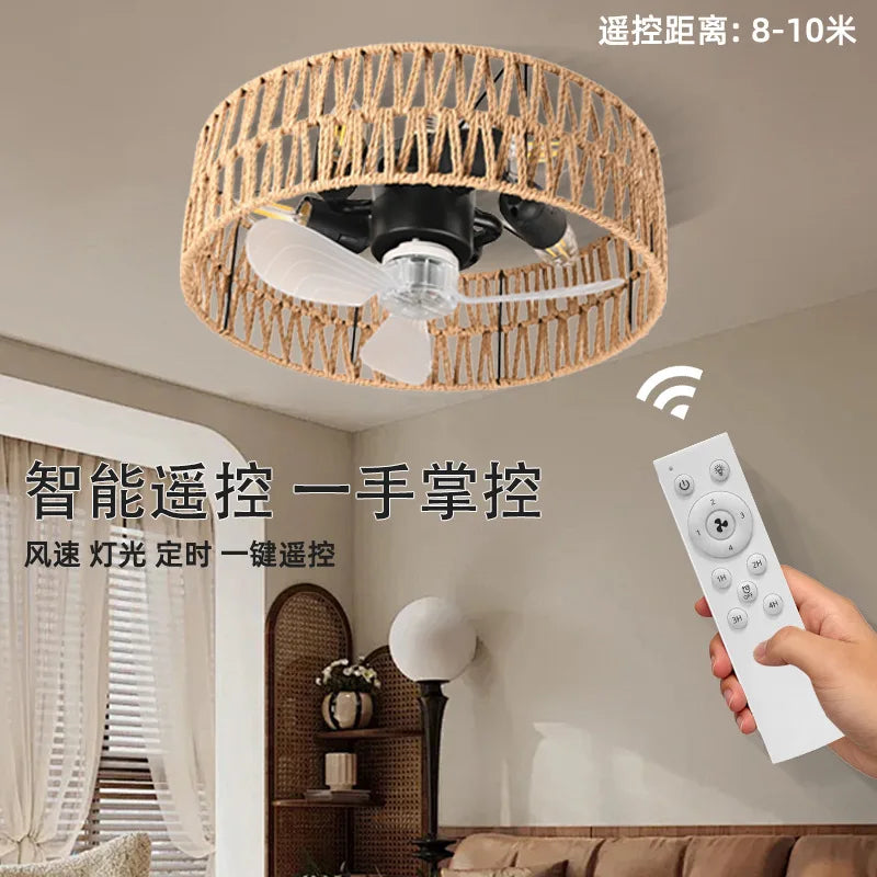 Ventilatore da Soffitto E27 con Luce 30cm, Lampada Ventilatore LED Vintage in Rattan Bohémien con Telecomando – foto 2