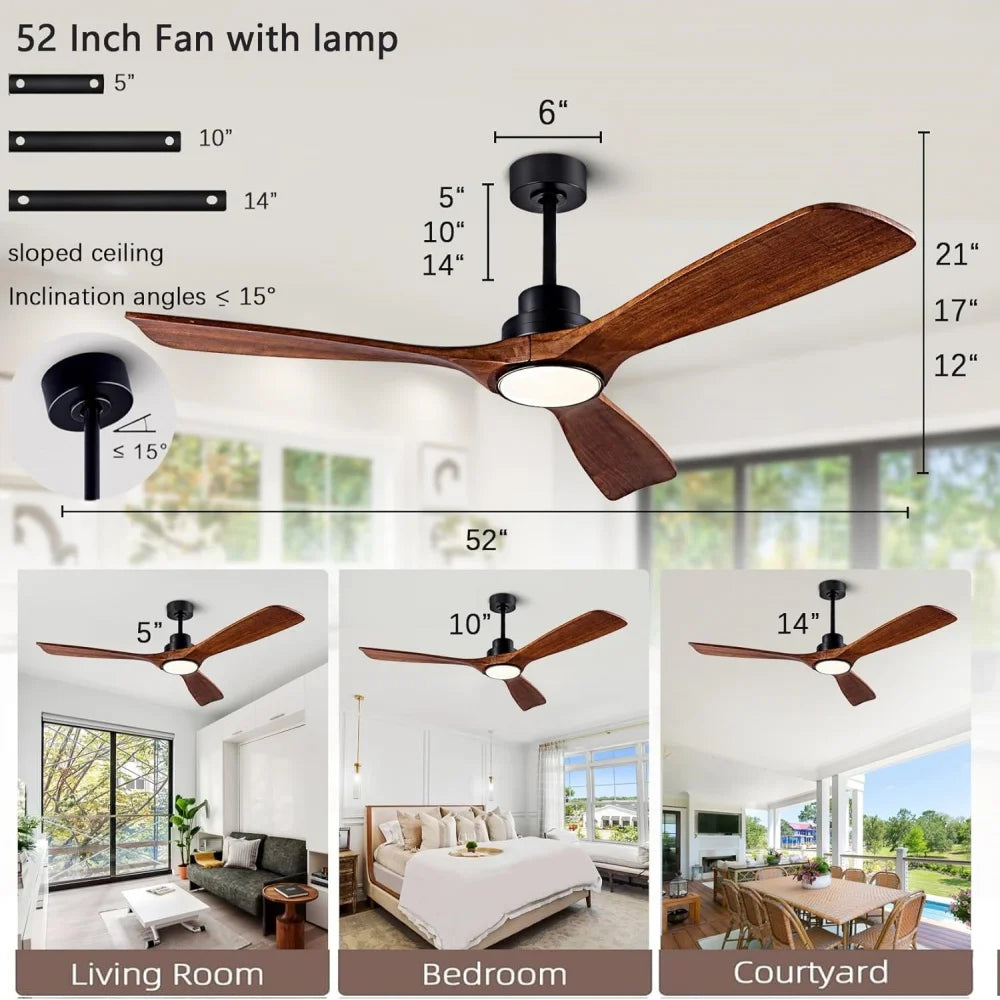 Ventilatore da Soffitto in Legno da 42/52/60 Pollici con Luci e Telecomando, Stile Industriale Vintage – foto 5