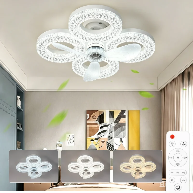 Ventilatore da Soffitto LED 48W con Telecomando, Base E27, Dimmerazione Continua, 3 Velocità e Funzione Timer