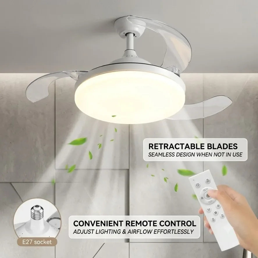 Ventilatore da Soffitto Silenzioso con Luce, Base E27 E14 B22 GU10, Telecomando, Dimmerabile, LED a 3 Colori