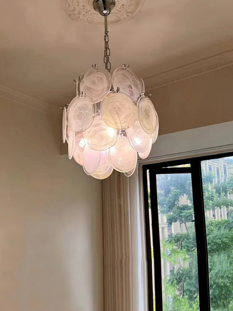 Lampadario in vetro artigianale con cristalli, rosa o bianco – dettaglio 1