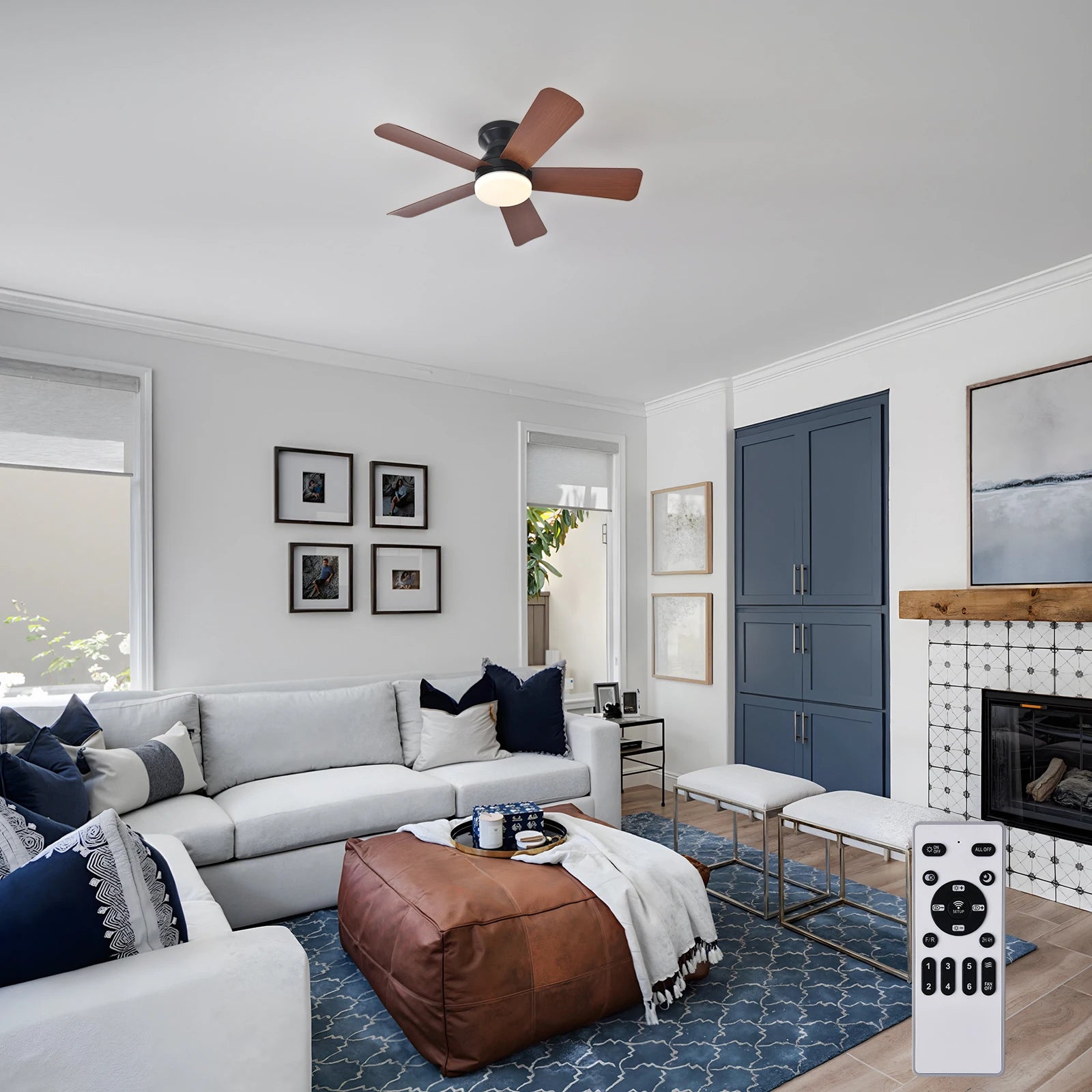 Ventilatore da soffitto moderno con luce, adatto per interni ed esterni, dimmerabile, a basso profilo, con