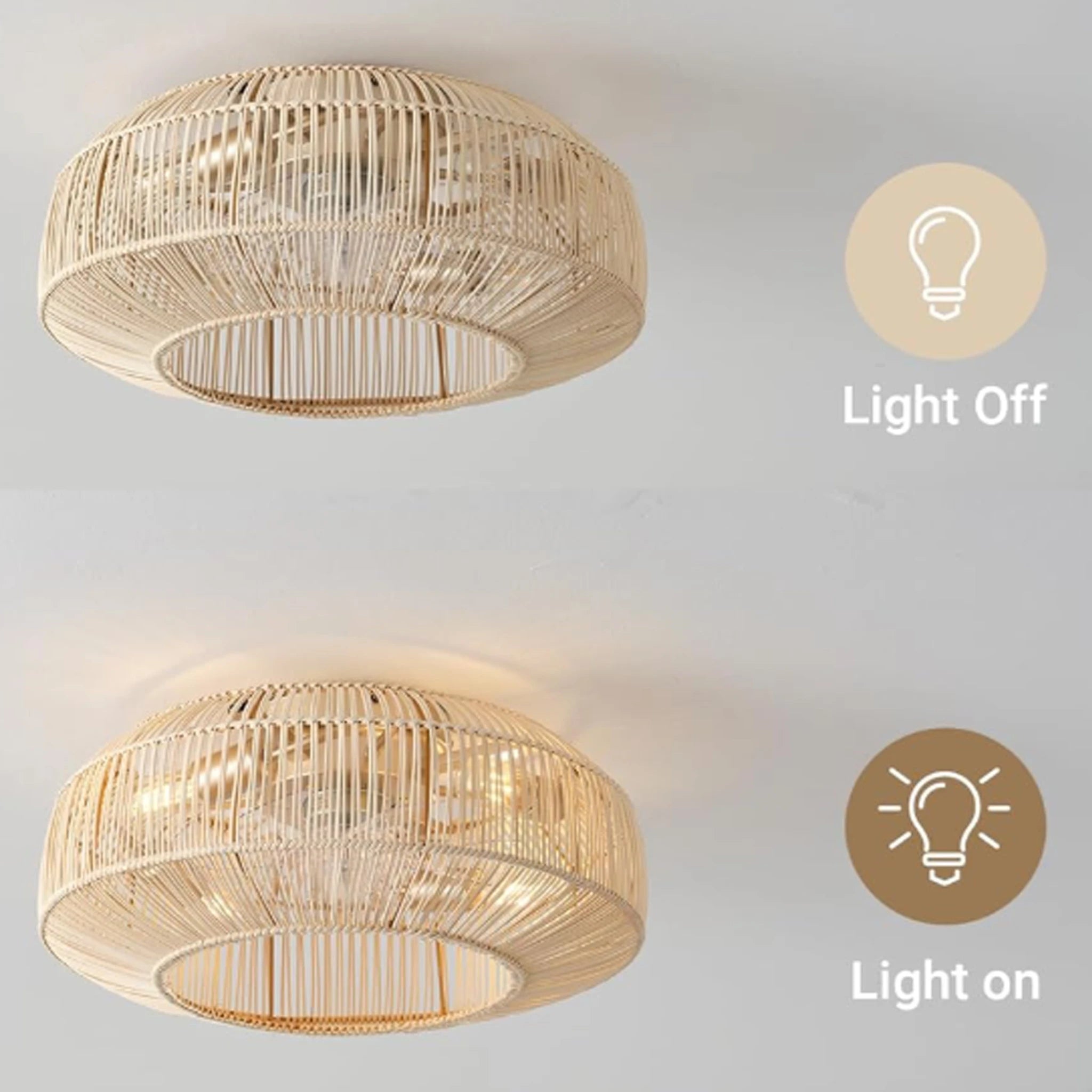 Ventilatore da soffitto in rattan stile boho con luci, telecomando, ventilatore DC reversibile, ventilatore – foto 6