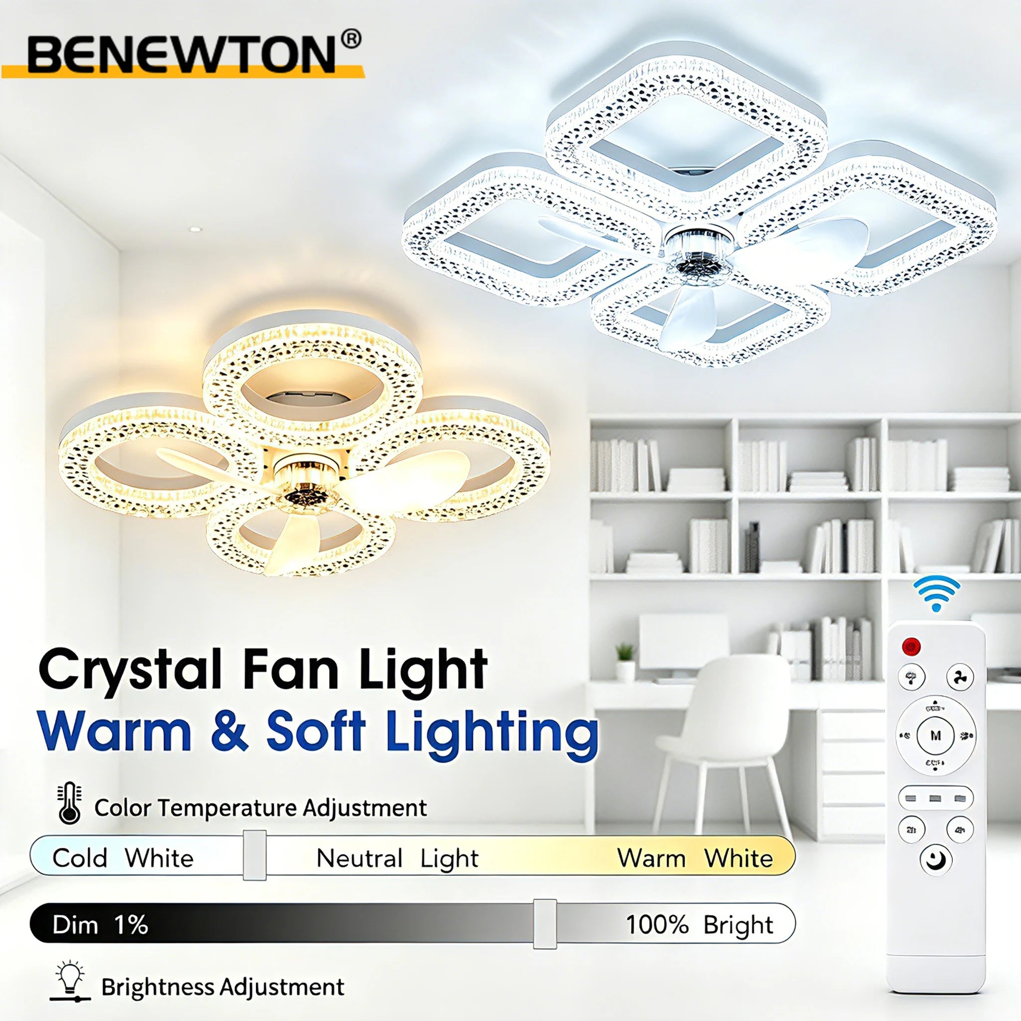 Ventilatore da Soffitto Moderno con Luce, Silenzioso, Telecomando, 3 CCT Dimmerabili, 3 Velocità, Lampada LED