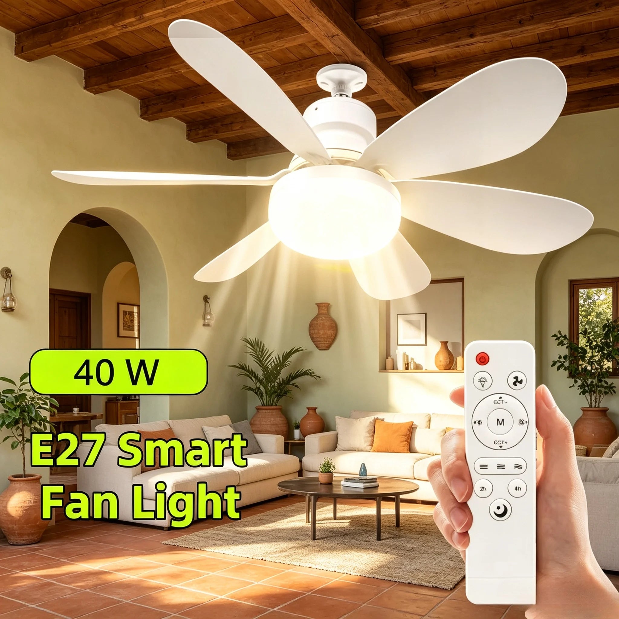 Ventilatore da Soffitto LED con Telecomando, 3 Velocità Regolabili, E27, Lampada Ventilatore Multifunzione