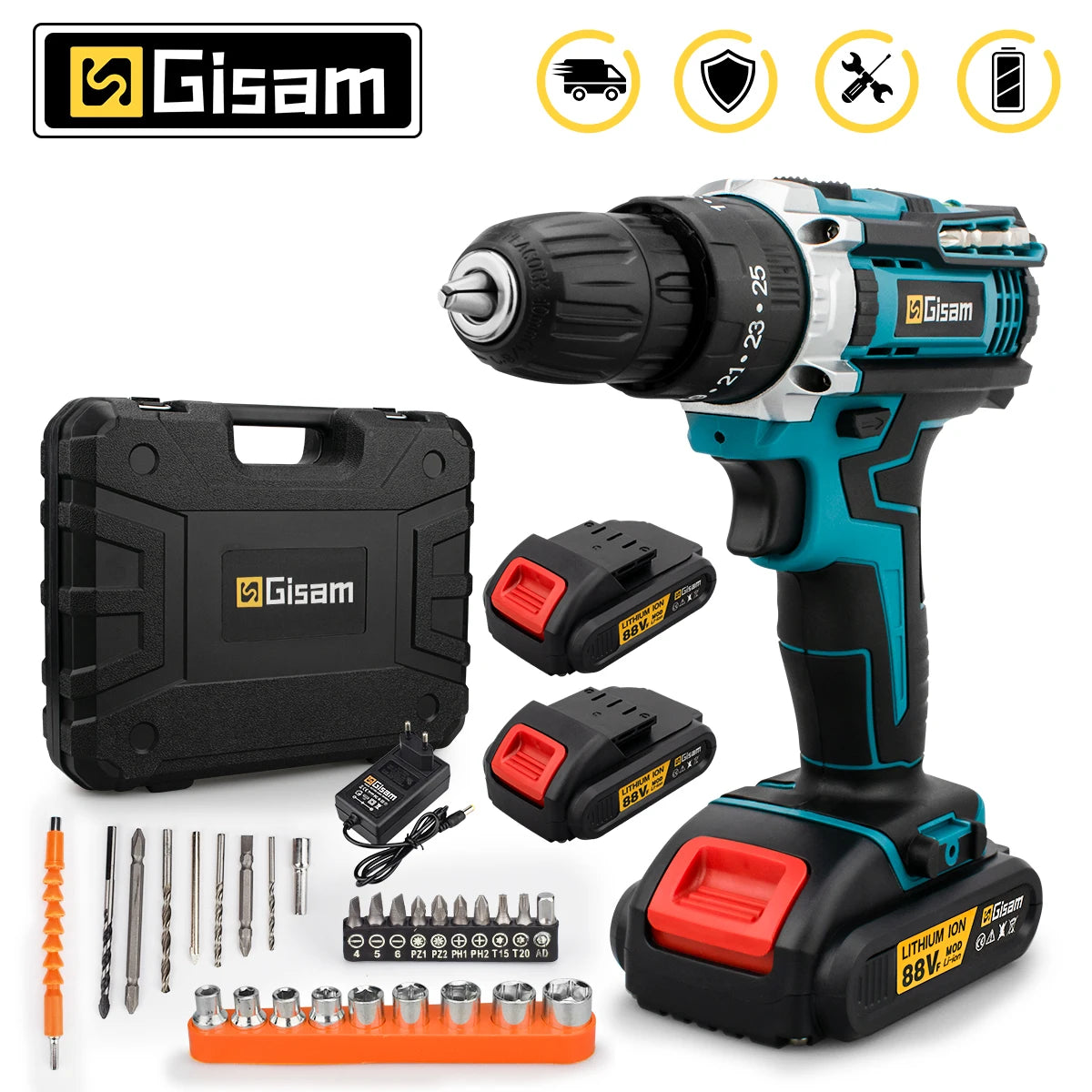 Trapano avvitatore a percussione a batteria, 25+3 di coppia