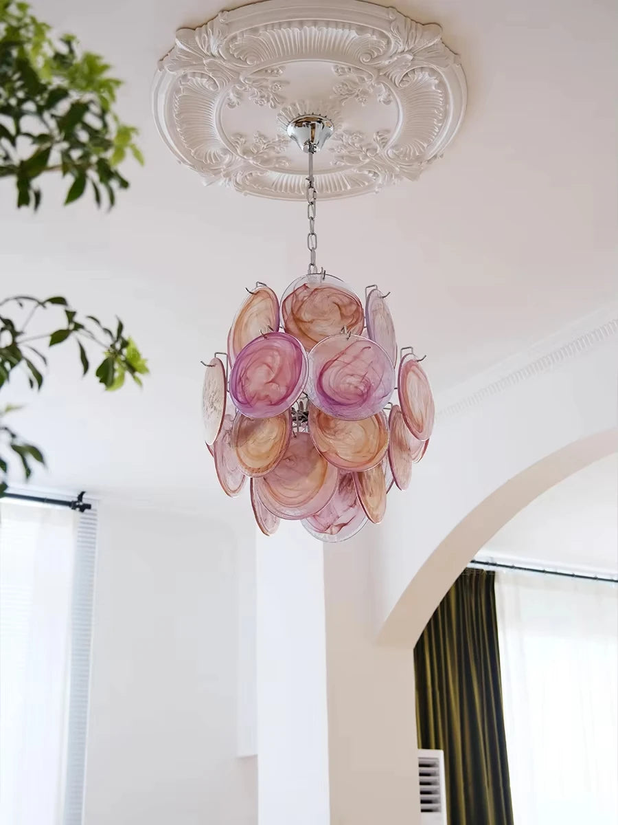 Lampadario in vetro artigianale con cristalli, rosa o bianco