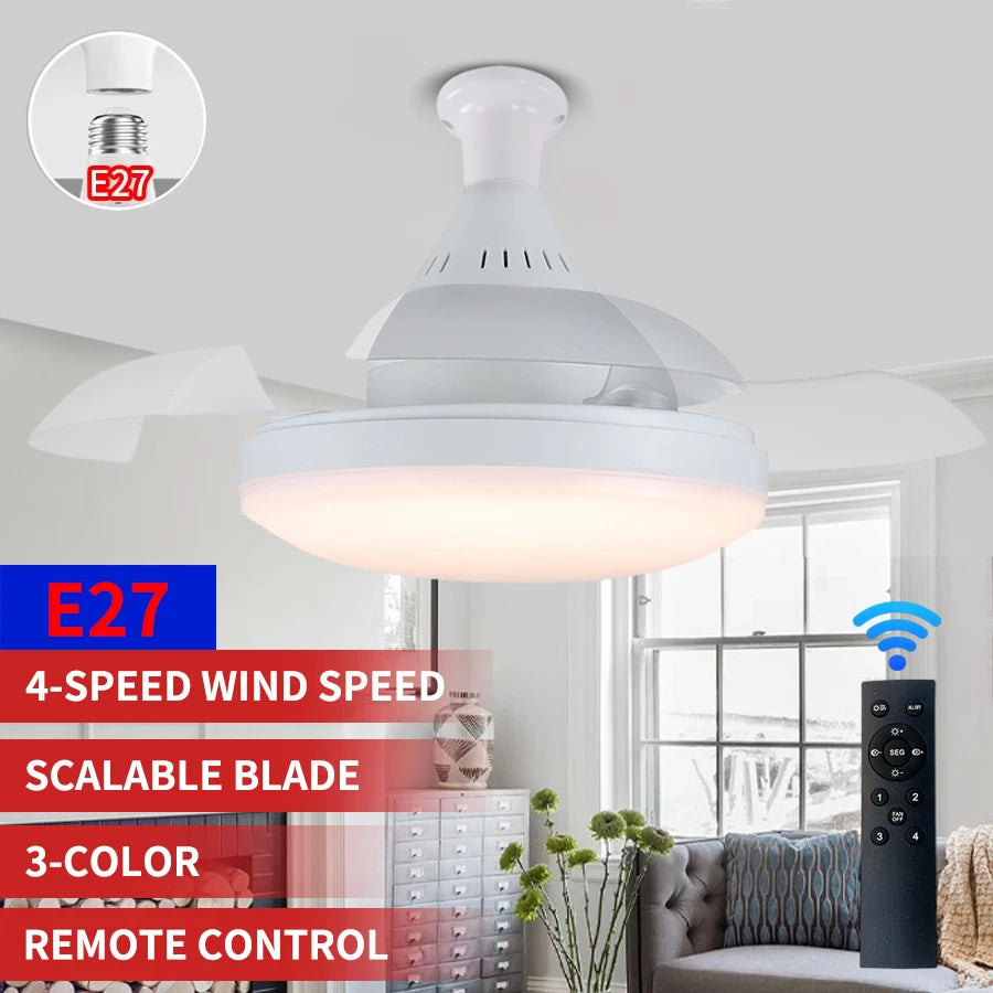 Ventilatore da soffitto 2-in-1 con luce e telecomando, ventola a LED con attacco E27, ventilatore a spirale