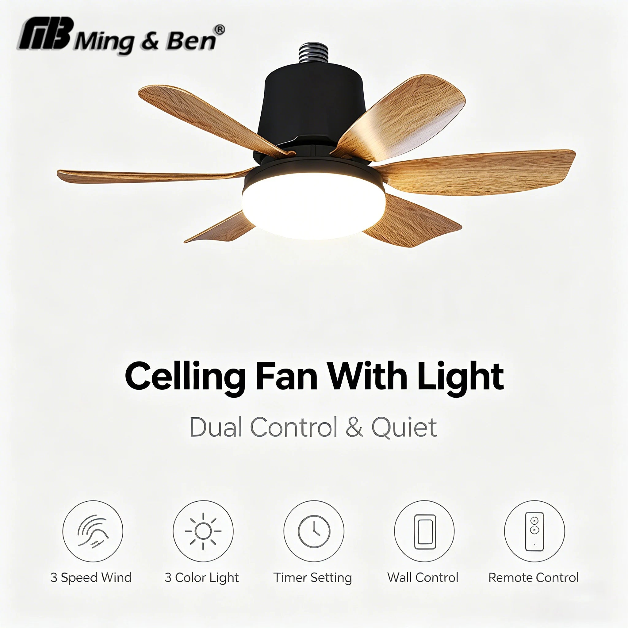 Ventilatore da soffitto a LED 30W E27 con telecomando per regolazione della luminosità e timer, per casa