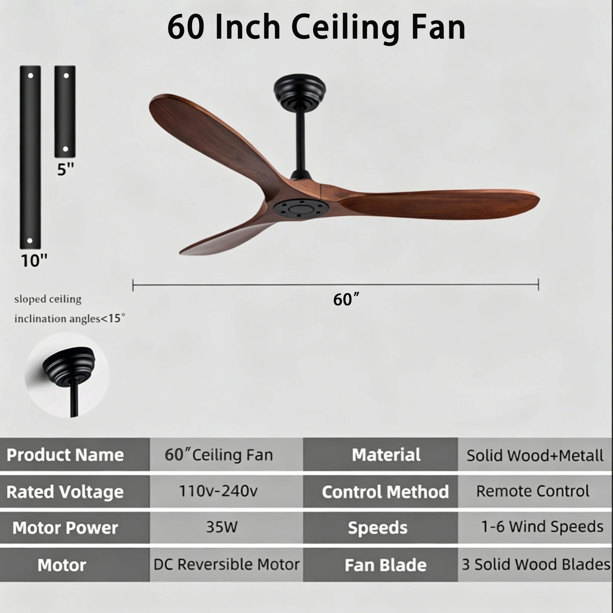 Ventilatore da soffitto in legno massello con motore DC silenzioso, reversibile, senza luce, con telecomando – foto 9