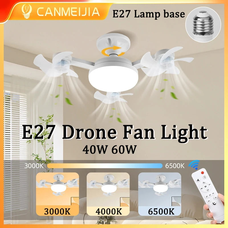 Ventilatore da soffitto con lampada E27, telecomando con timer e 3 colori, luci per ventilatore da soffitto – foto 2