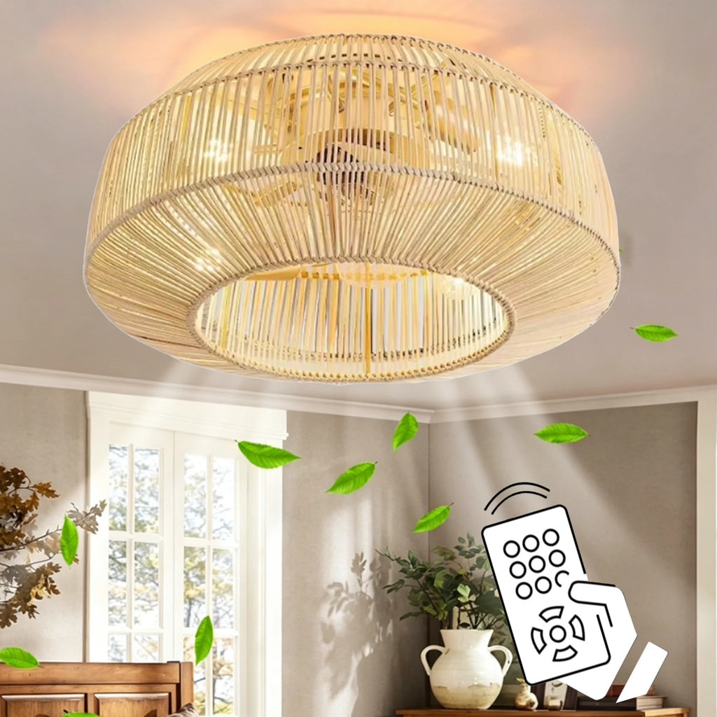 Ventilatore da soffitto in rattan stile boho con luci, telecomando, ventilatore DC reversibile, ventilatore