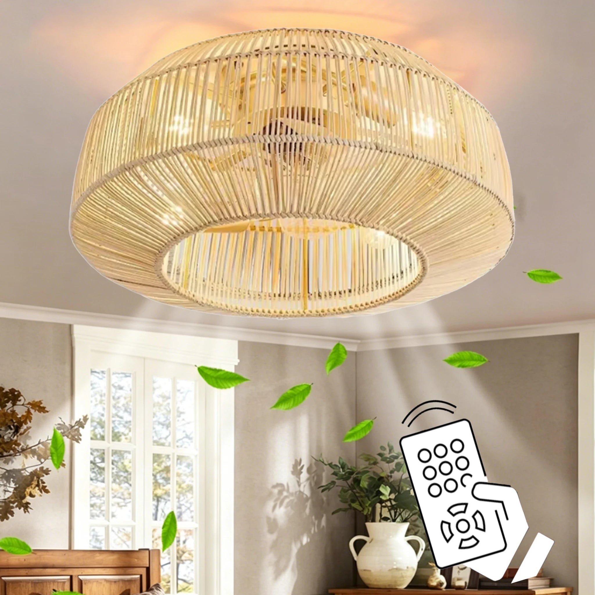 Ventilatore da soffitto in rattan stile boho con luci, telecomando, ventilatore DC reversibile, ventilatore