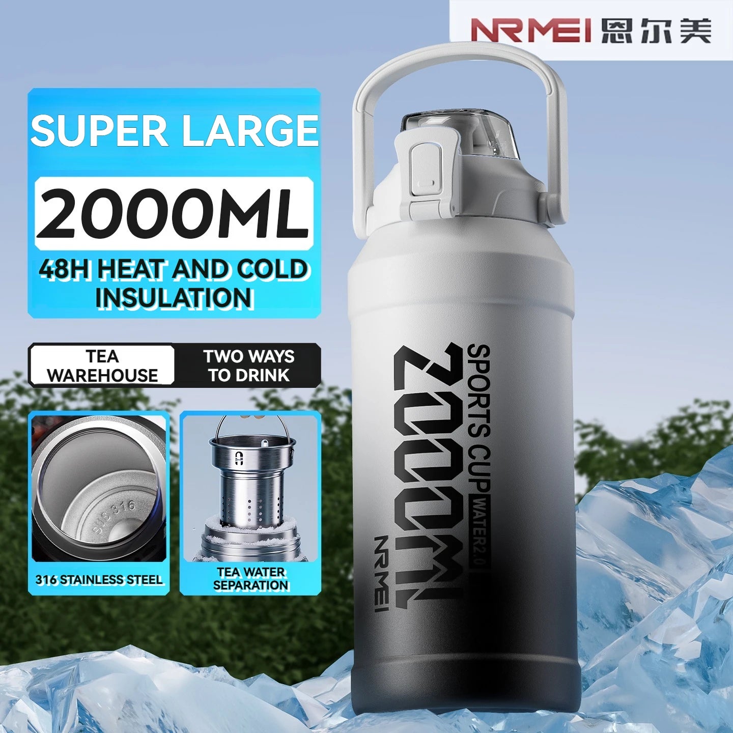 Borraccia termica con manico e cannuccia, da 800 a 2000 ml