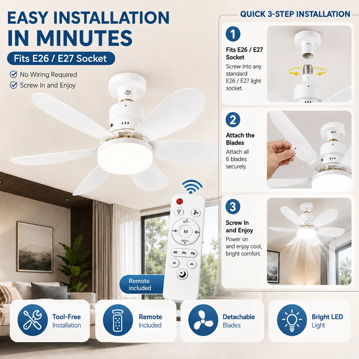 Lampada Ventilatore a Soffitto LED E27 con Telecomando, 3 Colori Dimmerabili, Base Rotante per Camera da – foto 4