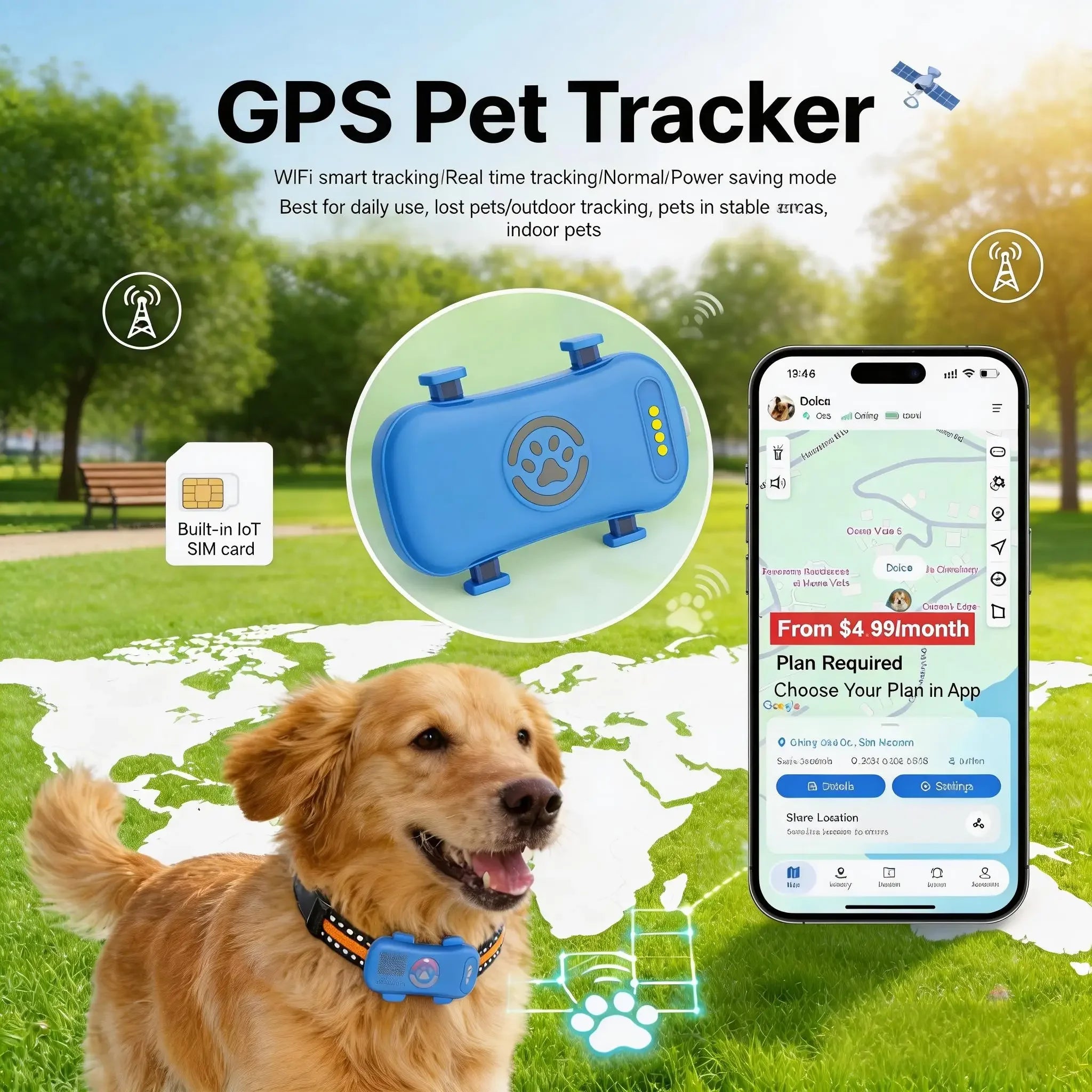 Localizzatore GPS 4G da collare per cani e gatti, IP67