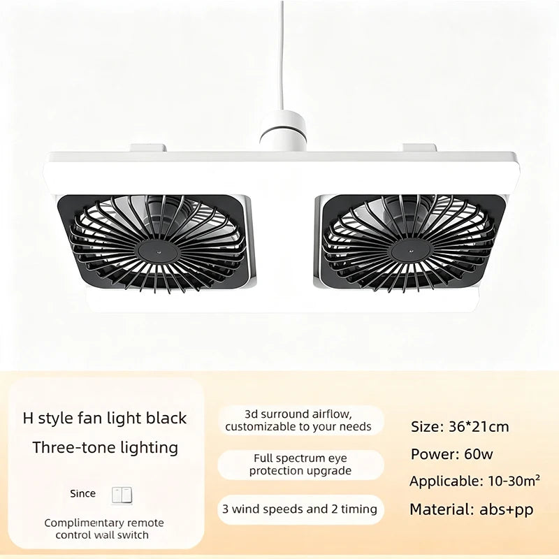 Ventilatore da soffitto a LED da 60W con telecomando, attacco E27, doppio ventilatore a basso profilo, adatto – foto 8