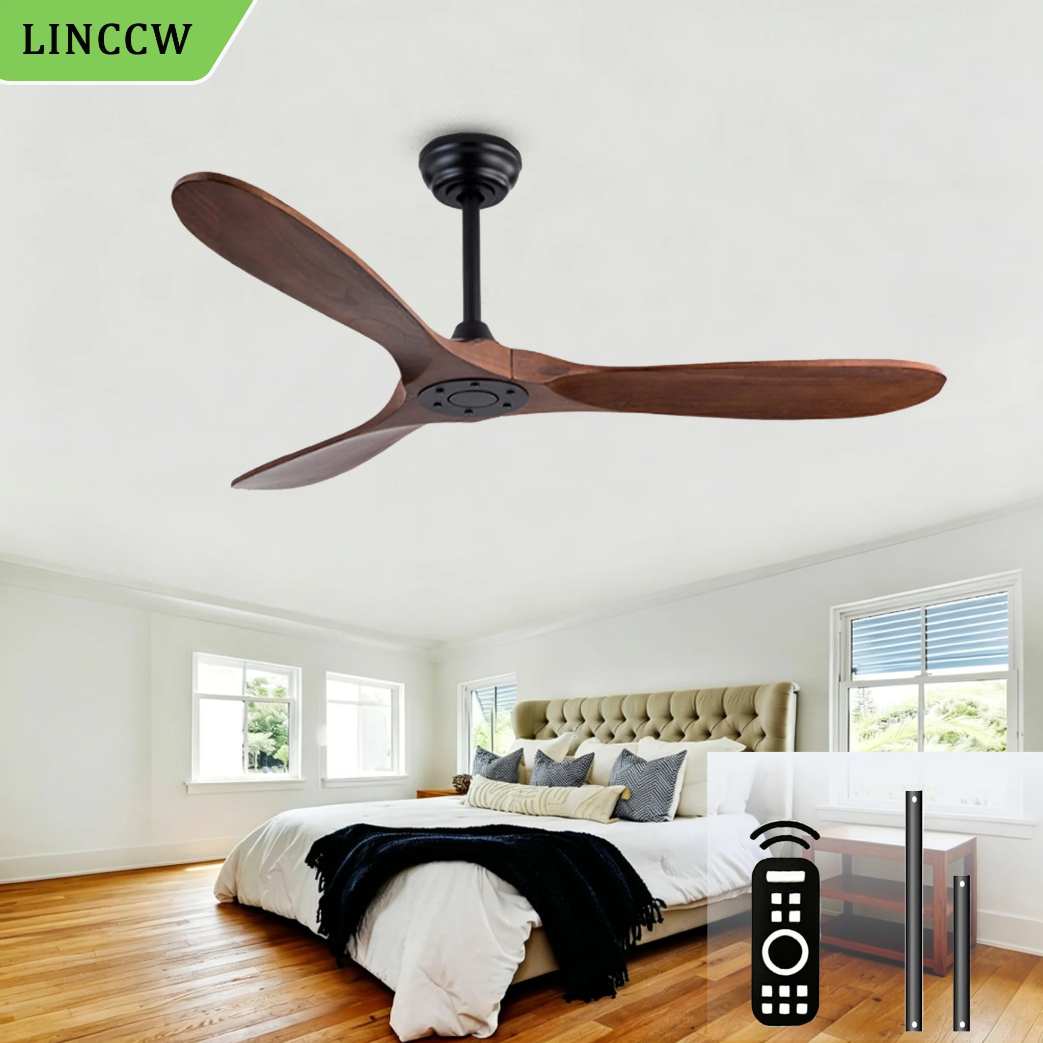 Ventilatore da soffitto in legno massello con motore DC silenzioso, reversibile, senza luce, con telecomando