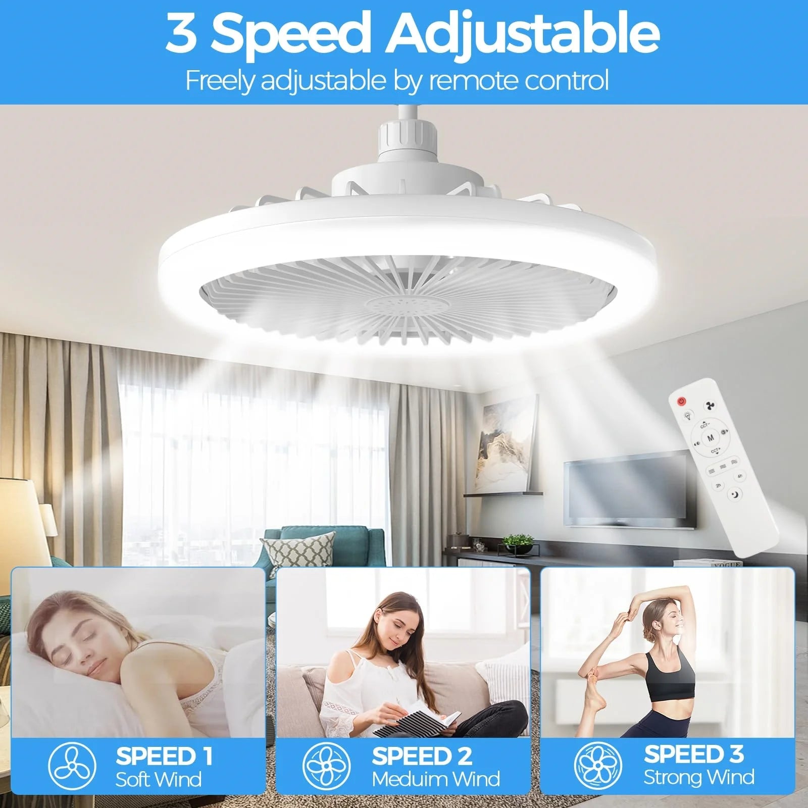 Ventilatore da Soffitto a Risparmio Energetico con Luce, Attacco Universale E27, Rotazione a 360° °