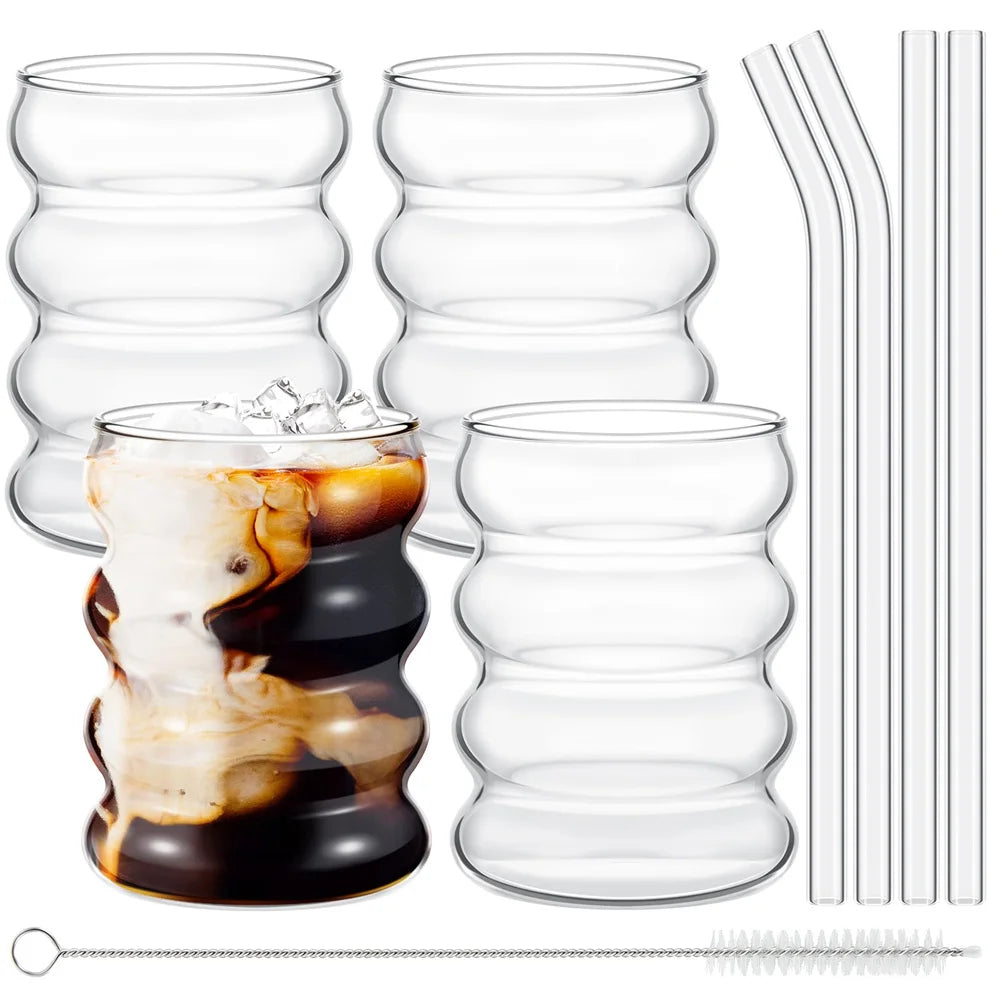 Bicchieri in vetro rigato con cannucce, set 4 da 300 ml