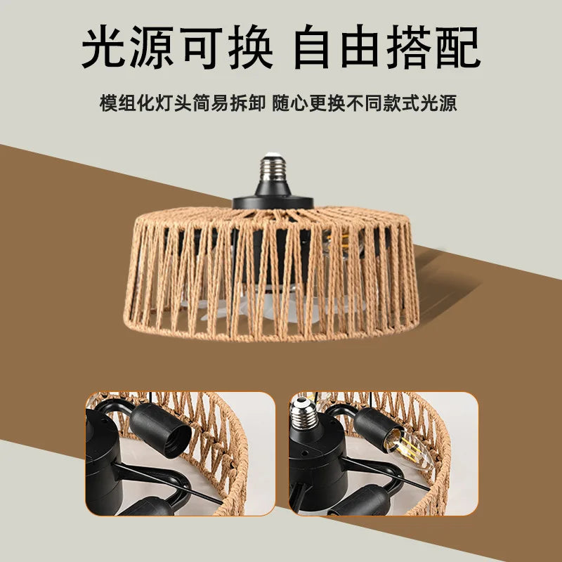Ventilatore da Soffitto E27 con Luce 30cm, Lampada Ventilatore LED Vintage in Rattan Bohémien con Telecomando – foto 4