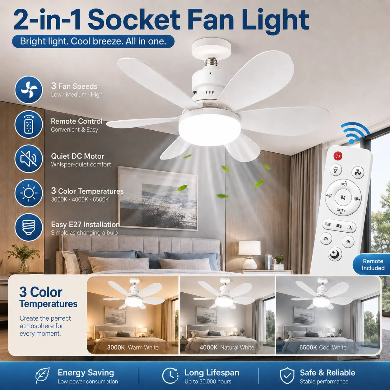 Lampada Ventilatore a Soffitto LED E27 con Telecomando, 3 Colori Dimmerabili, Base Rotante per Camera da – foto 2