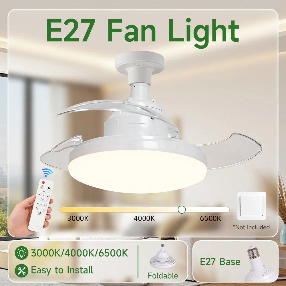 Ventilatore da Soffitto 2 in 1 E27 con Telecomando, Lampada Ventilatore 220V per Camera da Letto e Sala da