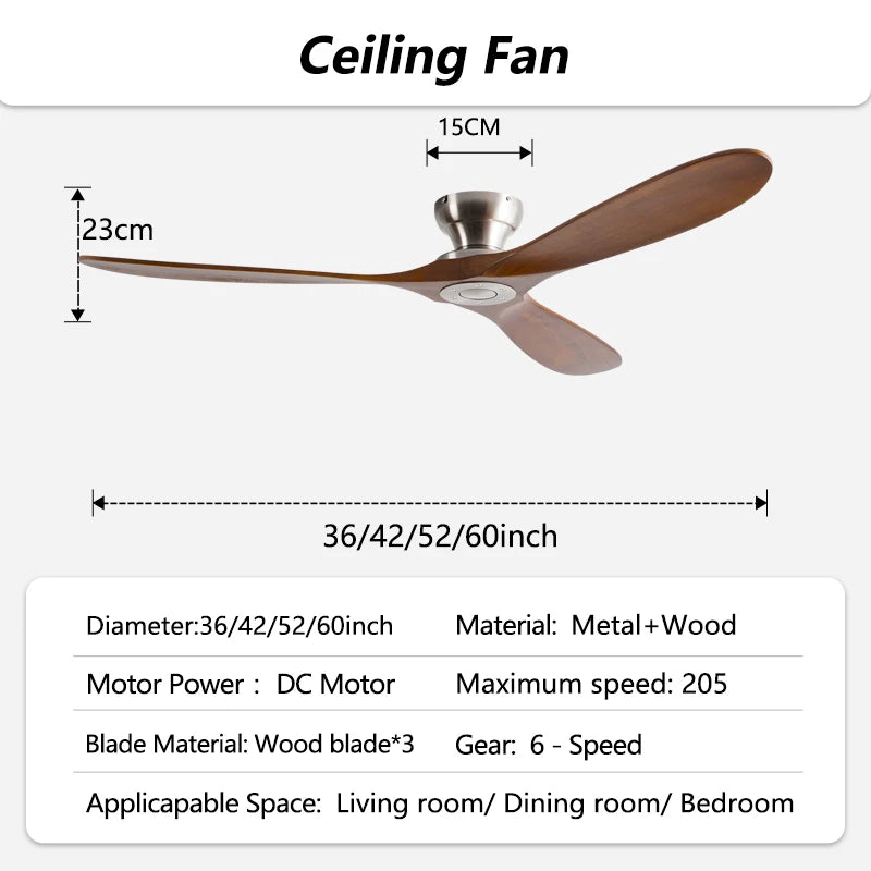 Ventilatore da soffitto a basso profilo da 42/52/60 pollici con 3 pale in legno, motore DC, telecomando, per soggiorno, sala da pranzo, camera da letto