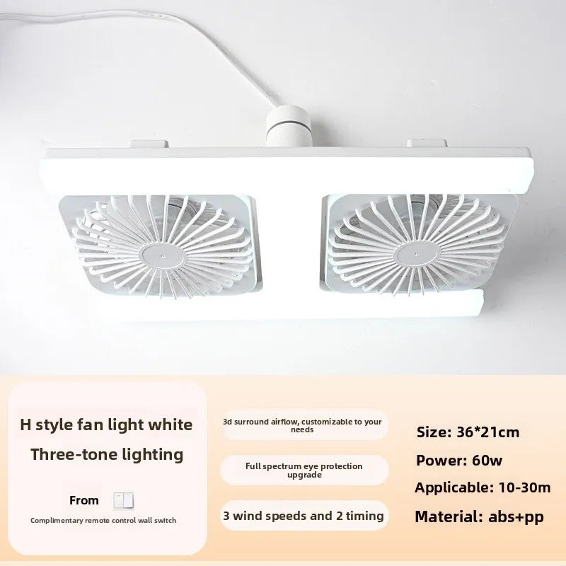 Ventilatore con Luce E27 e Telecomando, Controllo della Velocità e Dimmerabile, Lampada a Forma di H – foto 3