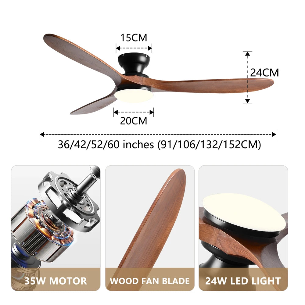 Ventilatore da Soffitto a Basso Profilo 36/42/52 Pollici con Luce LED e Telecomando, Pale in Legno Massello – foto 5