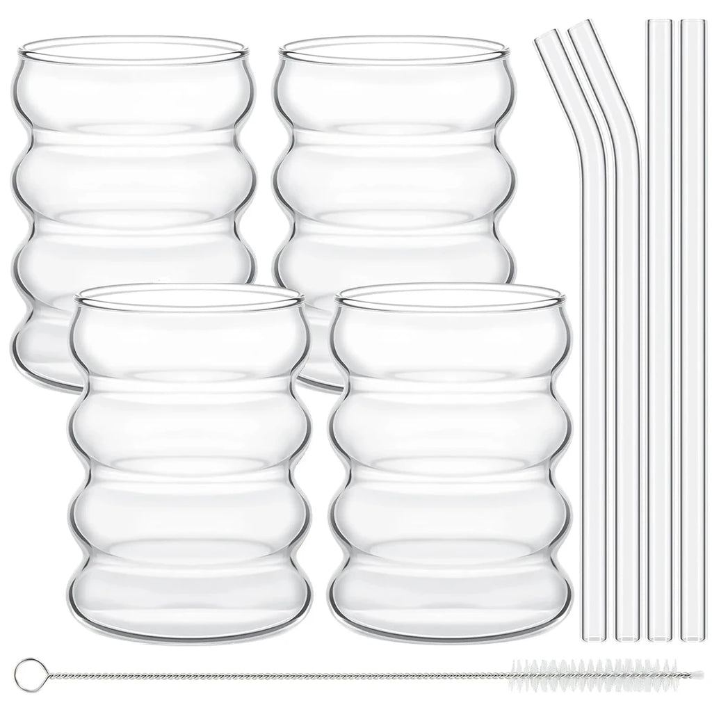 Bicchieri in vetro rigato con cannucce, set 4 da 300 ml – dettaglio 6