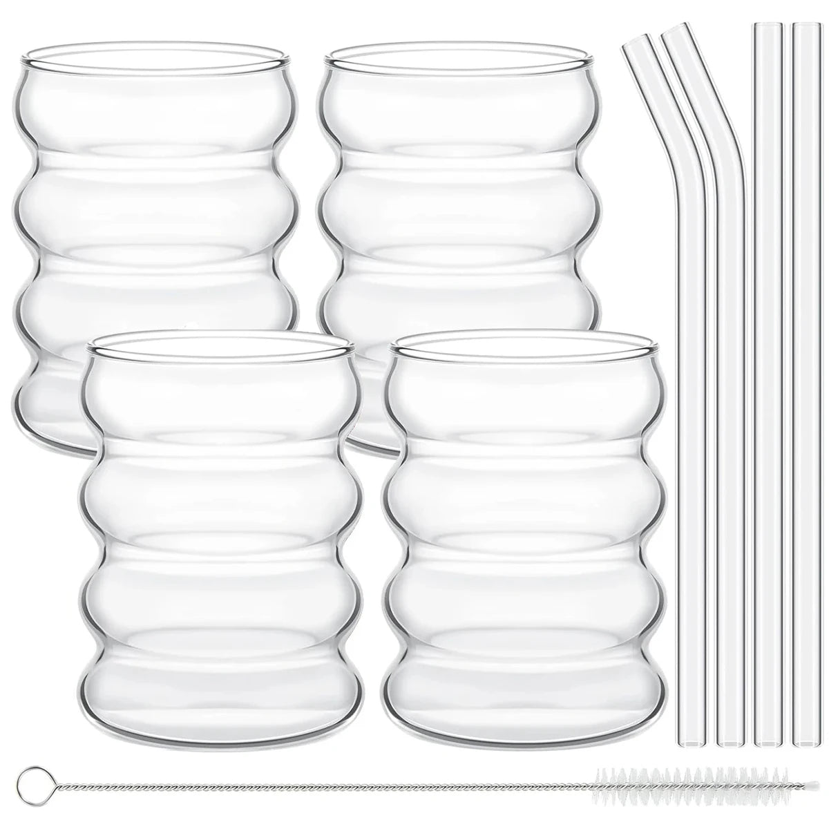 Bicchieri in vetro rigato con cannucce, set 4 da 300 ml – dettaglio 6