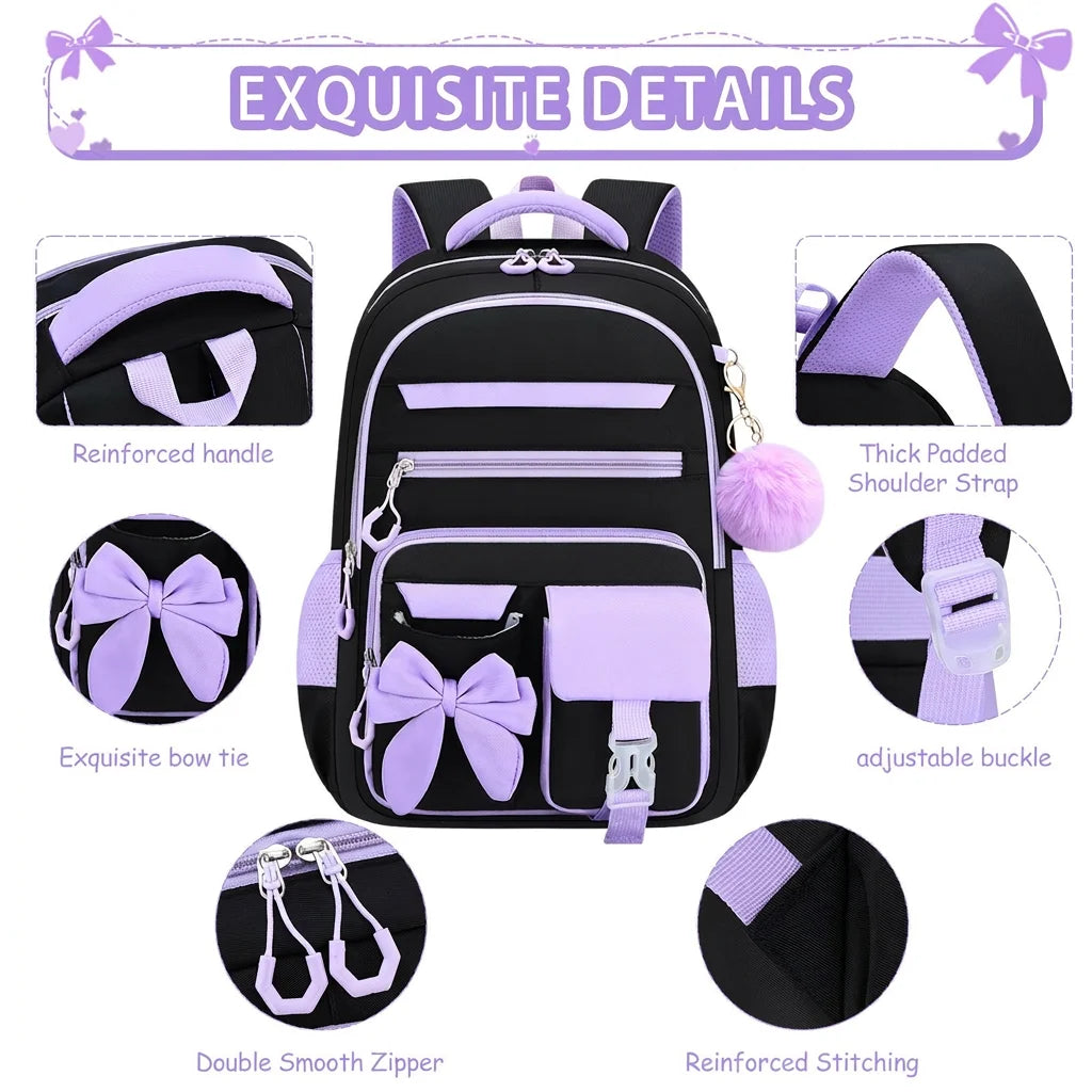 Zaino scolastico da bambina con fiocco e tasche multiple – foto 2