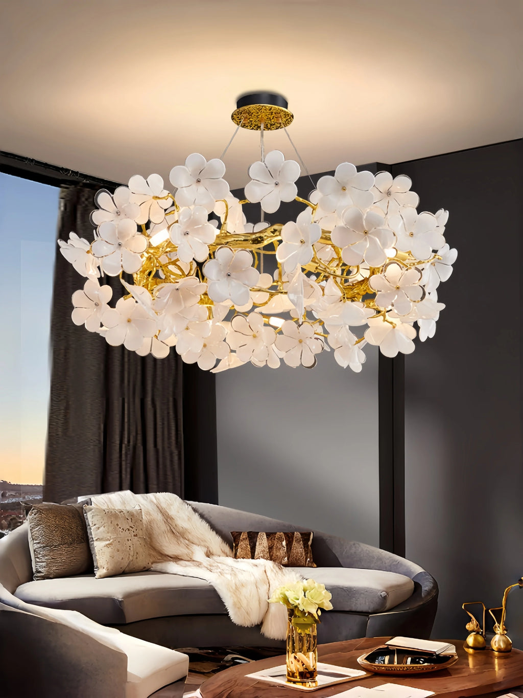 Lampadario a fiore 60 cm color argento, luce calda – dettaglio 6