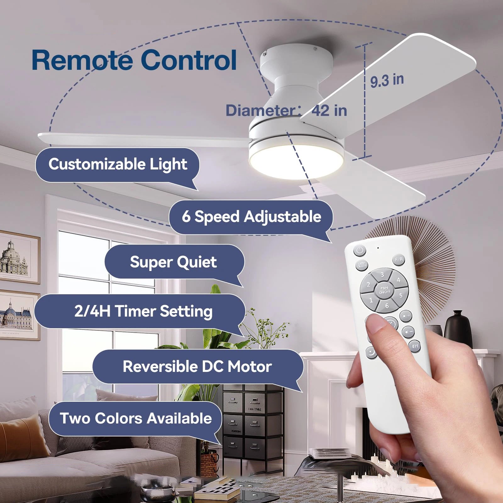 Ventilatore da Soffitto IRALAN a Basso Profilo con Luce LED, Telecomando, 6 Velocità, 42/52 Pollici, Lampada – foto 5