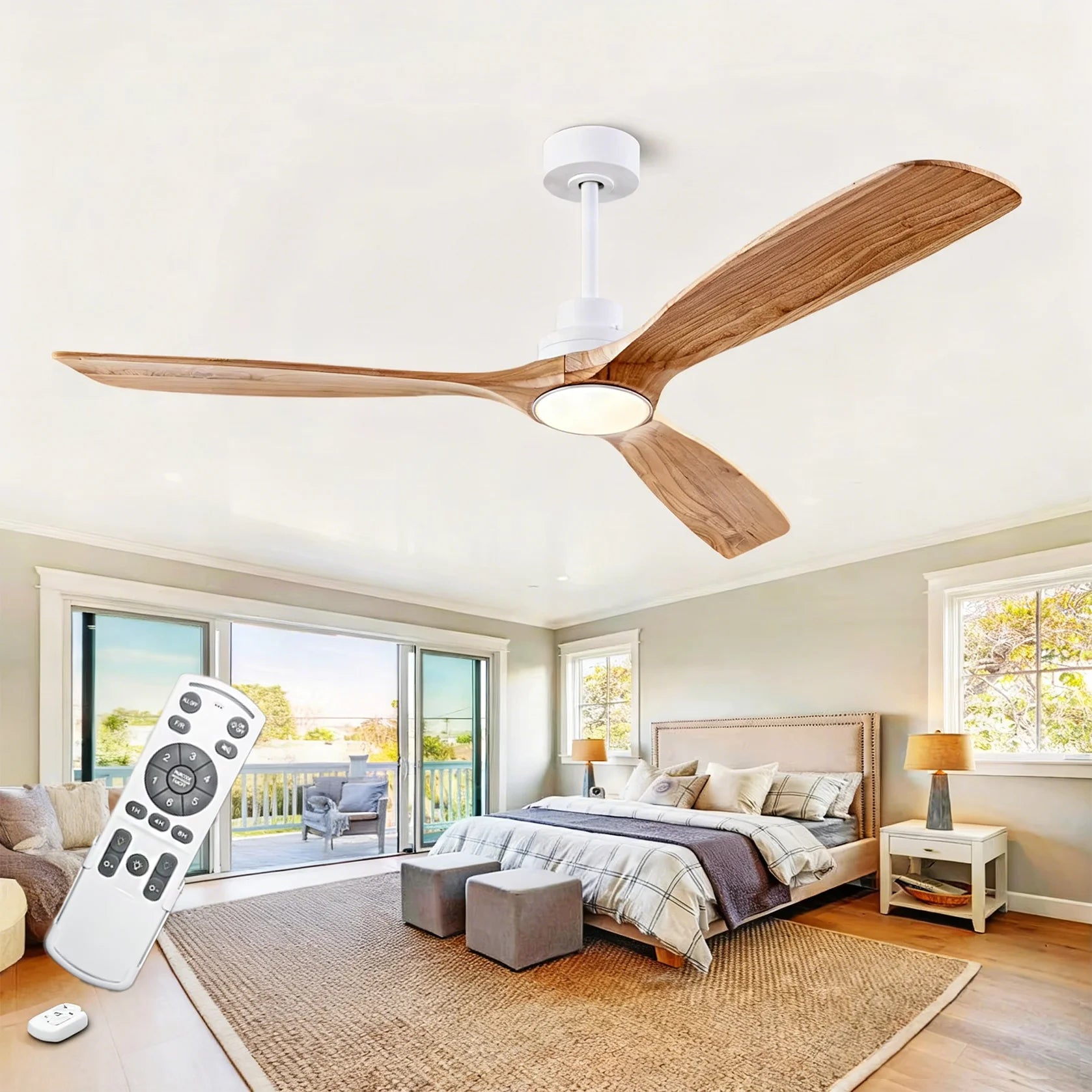 42 52 Ventilatore da soffitto in legno naturale da 60 pollici con luci Telecomando Silenzioso Motore DC