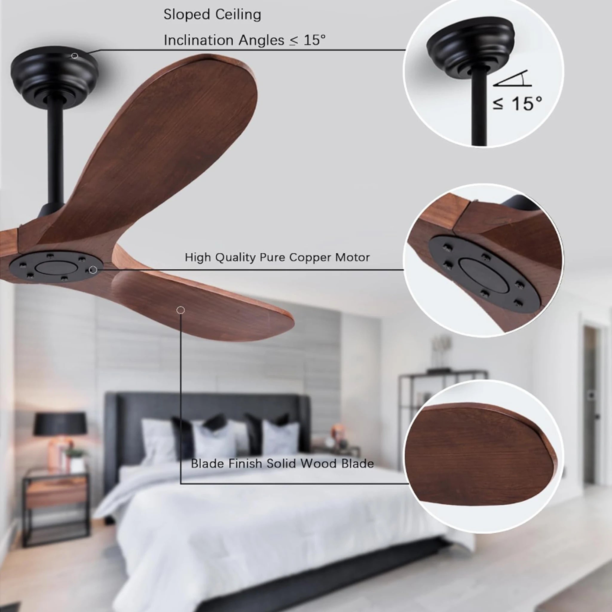 Ventilatore da soffitto in legno massello con motore DC silenzioso, reversibile, senza luce, con telecomando – foto 4