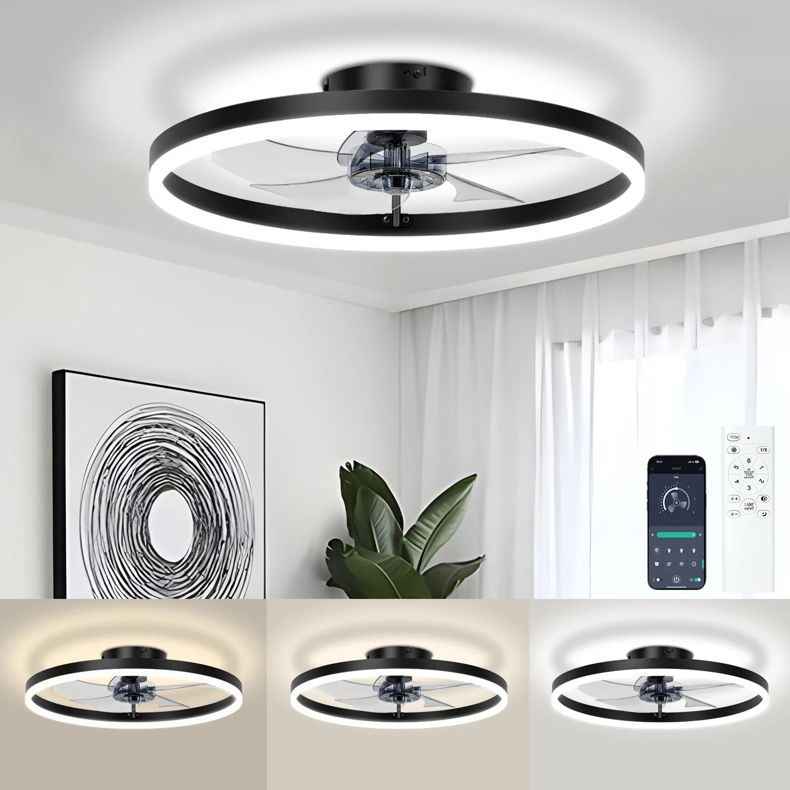 Ventilatore da soffitto intelligente con luci e telecomando Lampada da ventilatore a LED dimmerabile a 6