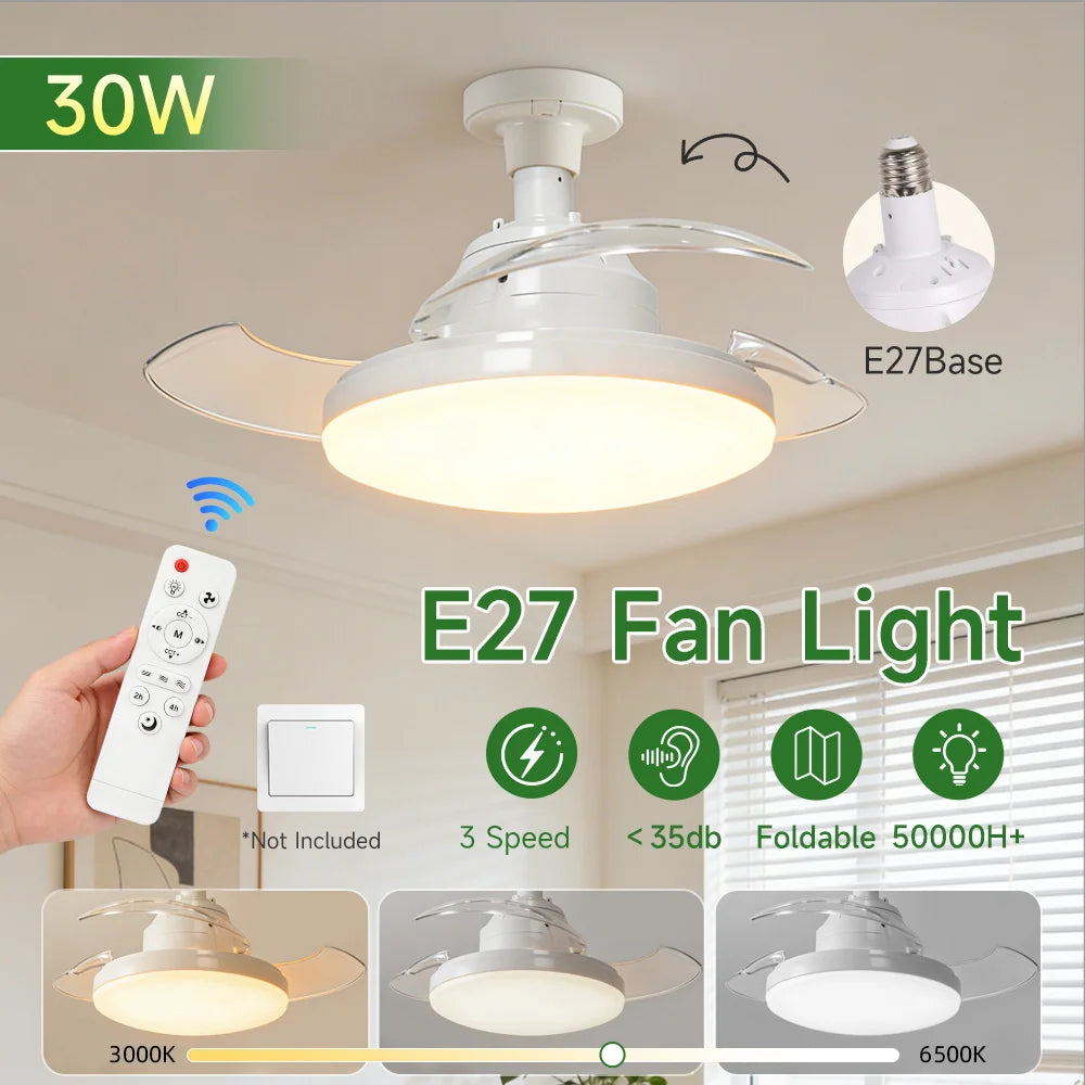 Ventilatore da Soffitto E27 Elettrico NUOVO 2026 con Telecomando, Lampada da Soffitto per Stanza 110V 220V, 3