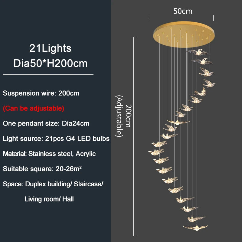Lampadario a spirale in acrilico per scale, da 1 a 10 luci – dettaglio 9