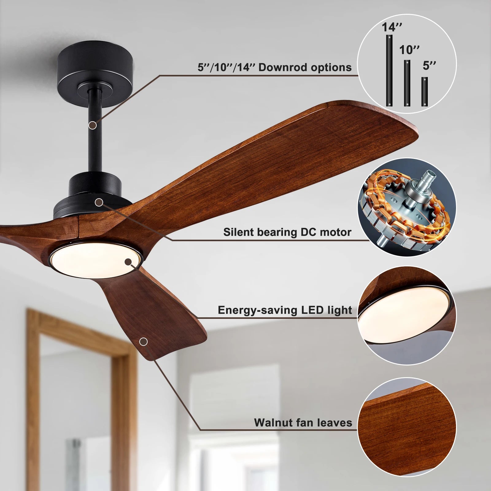 42 52 Ventilatore da soffitto in legno da 60 pollici con luci Telecomando Silenzioso Motore DC Ventiladores – foto 5