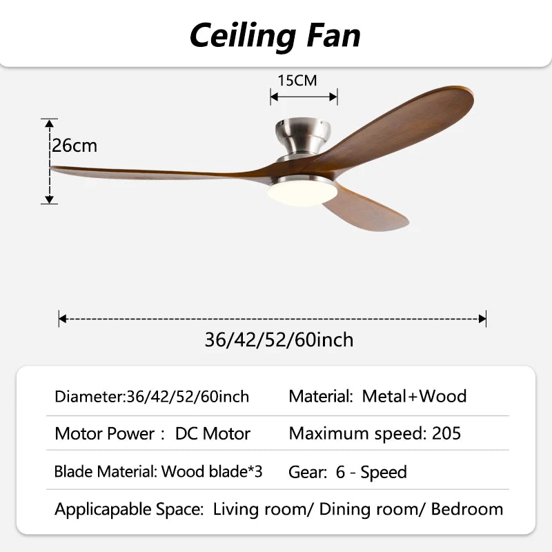 Ventilatore da soffitto a basso profilo da 42/52/60 pollici con 3 pale in legno, motore DC, telecomando, per – foto 8