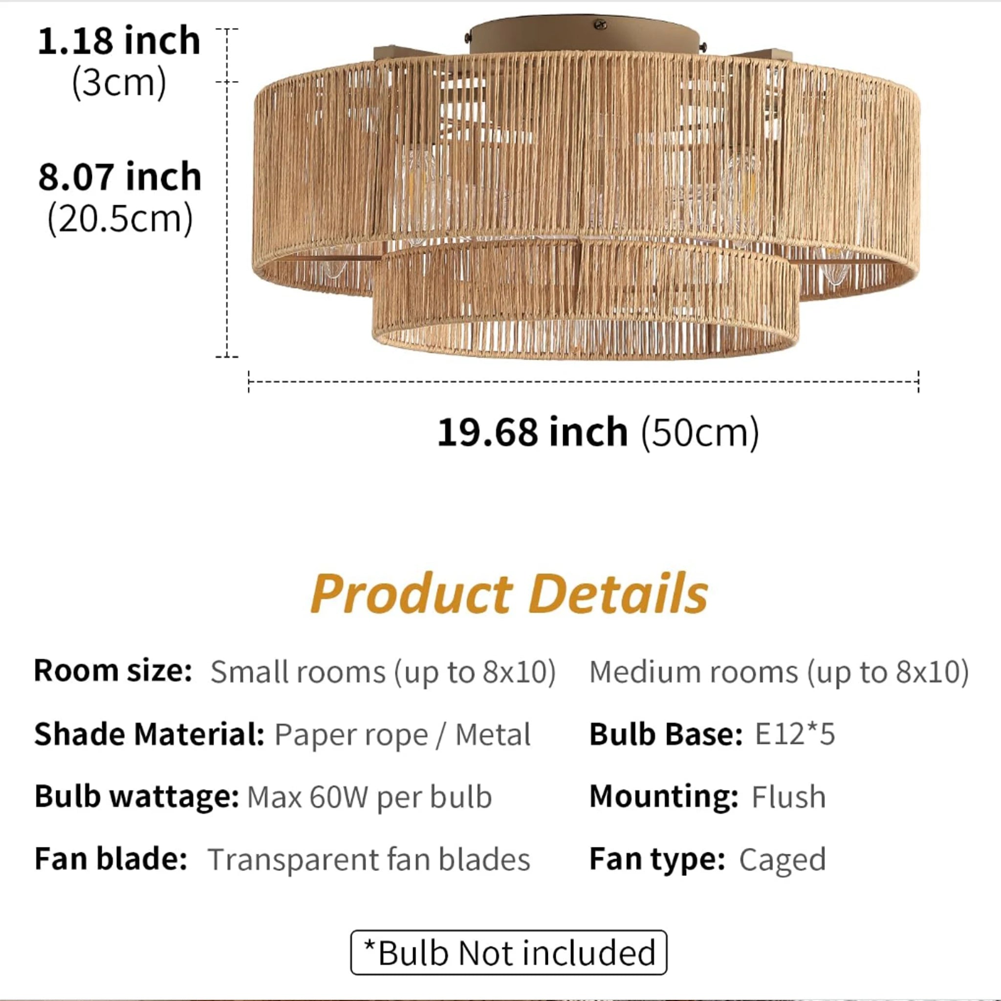 Ventilatore da soffitto in rattan stile boho con luci, telecomando, ventilatore DC reversibile, ventilatore – foto 10