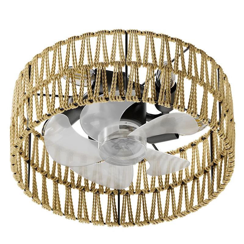Ventilatore da Soffitto E27 con Luce 30cm, Lampada Ventilatore LED Vintage in Rattan Bohémien con Telecomando – foto 5