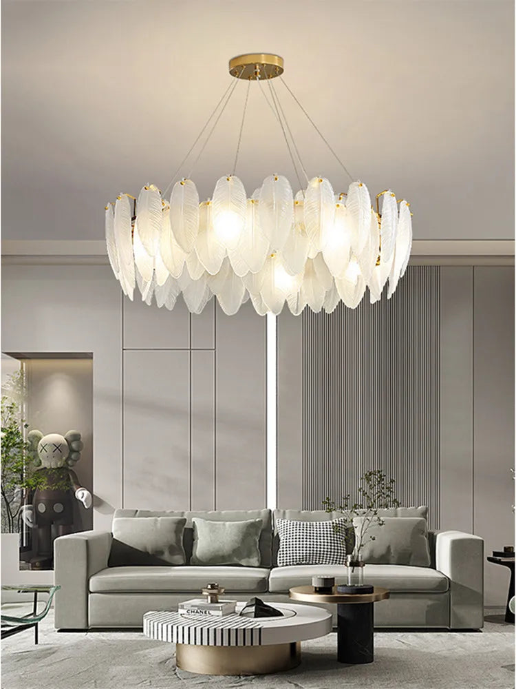 Lampada a sospensione in vetro con piume, 50 o 60 cm