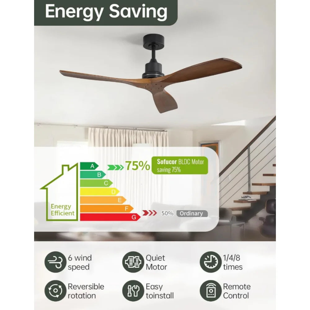 Ventilatore da soffitto 132 cm in legno, senza luce, motore DC – dettaglio 4