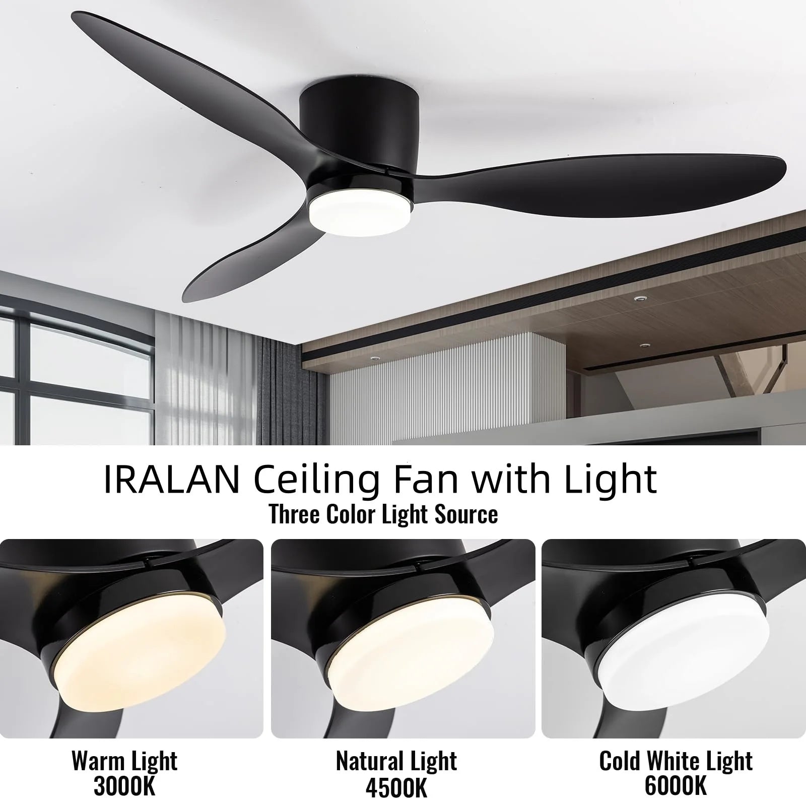 IRALAN Ventilatore da Soffitto Con Luce Scelta a 6 velocità Motore DC Reversibile 3CCT con telecomando – foto 3