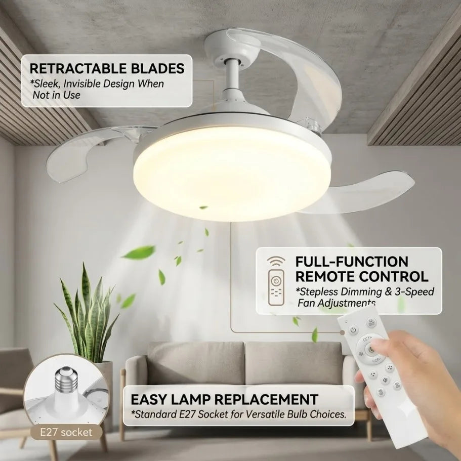 Ventilatore da Soffitto Intelligente Silenzioso e Invisibile con Luce e Telecomando, Base Convertitore E27