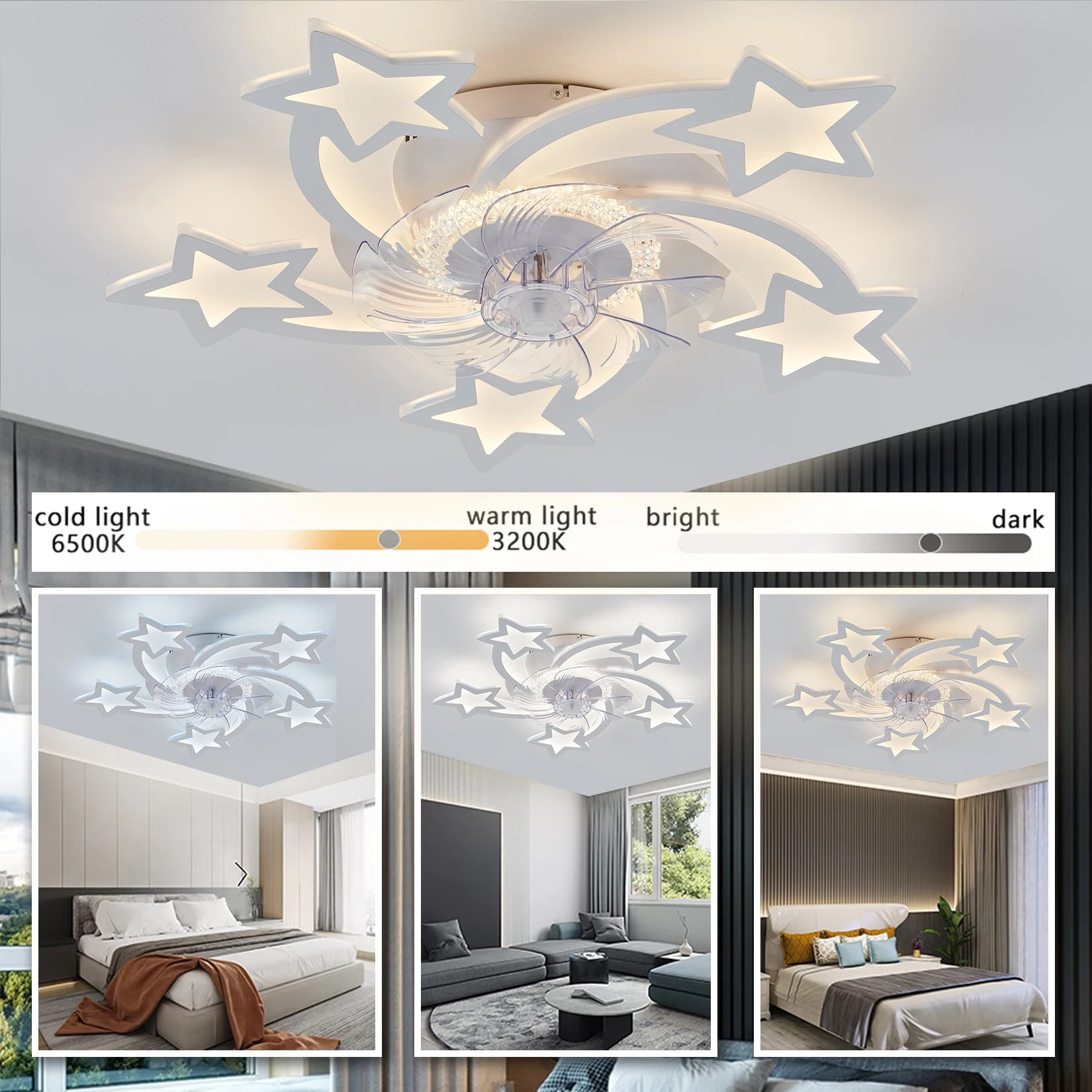 Ventilatore da Soffitto Moderno a Forma di Stella, Illuminazione Decorativa per Camera da Letto e Soggiorno – foto 3