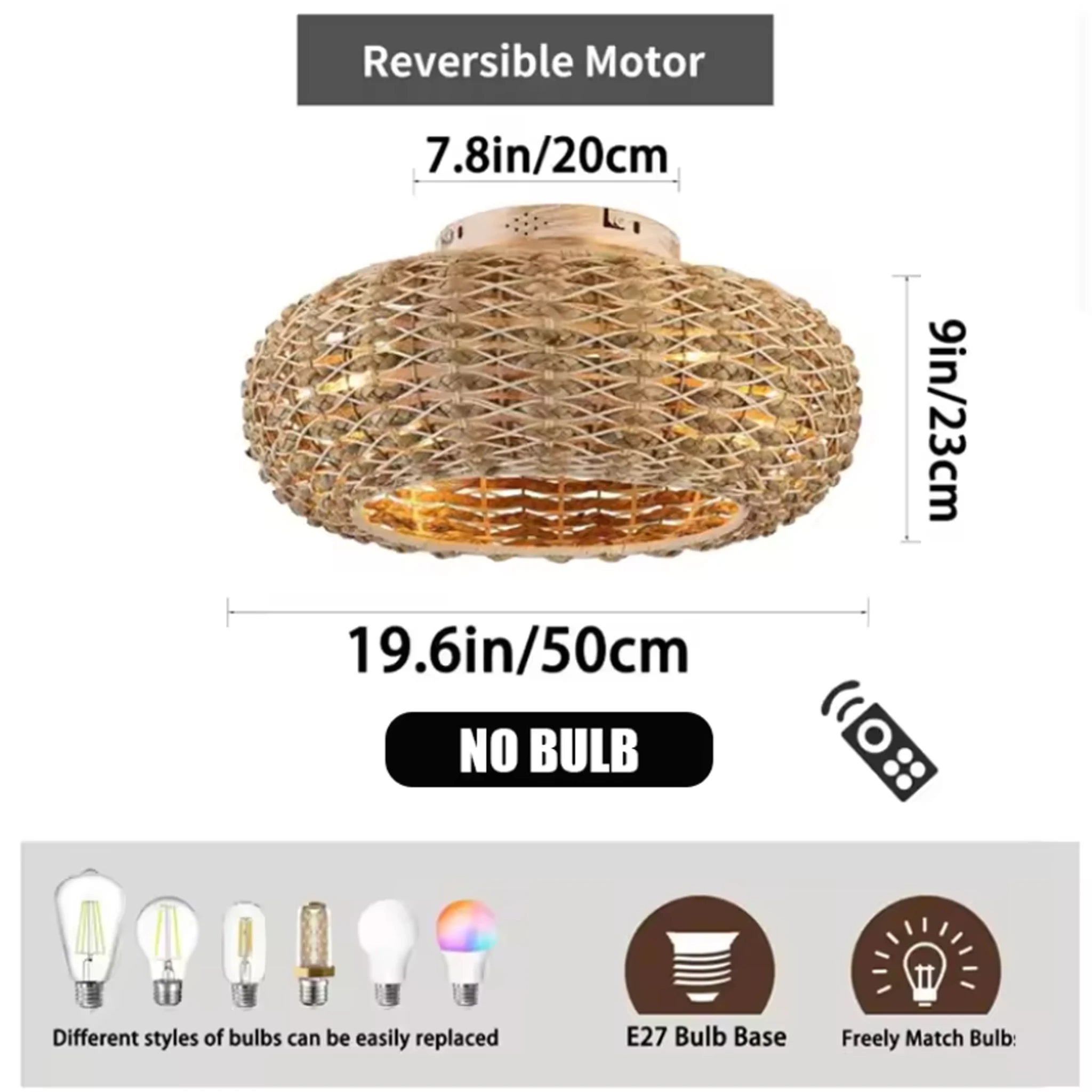 Ventilatore da soffitto in rattan stile boho con luci, telecomando, ventilatore DC reversibile, ventilatore – foto 9
